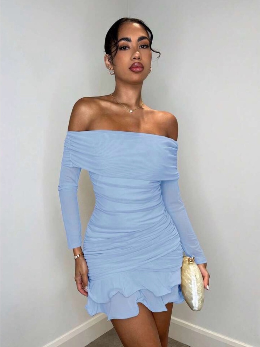 NWT SHEIN Bae Off-Shoulder Light Blue Ruched Mini Dress- size M